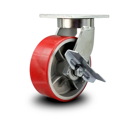 Service Caster 8 Inch Extra Heavy Duty Red Poly on Cast Iron Wheel Swivel Caster with Brake SCC-KP92S830-PUR-RS-SLB